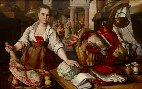 A Maid in a Kitchen with Christ in the House of Martha and Mary in the background