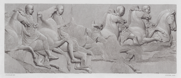 Horsemen, ancient Greek marble relief from the Parthenon Frieze (engraving)