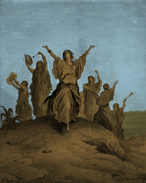 Jephthah 's daughter Iphis dancing towards - Bible