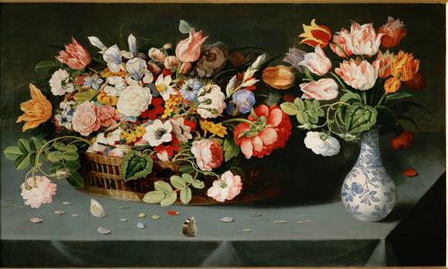 Still-life with flowers and butterflies (oil on wood)