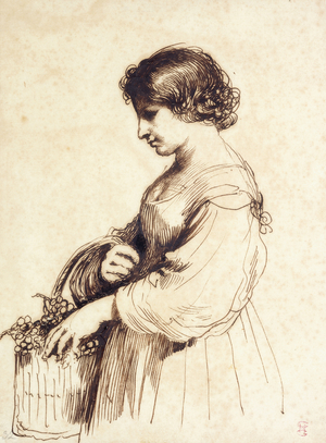 A Young Woman Holding a Fruit Basket,  (pen and brown ink)