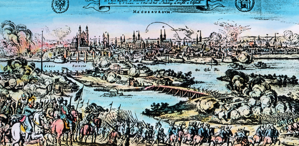 Panorama of the city of Magdeburg in war times