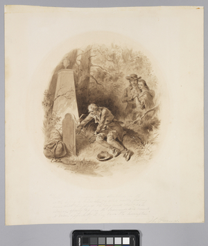 The Hunter Himself Was Stretched on the Earth, before a Head-Stone of White Marble, Pushing Aside with His Fingers the Long Grass, c.1859 (sepia ink and wash on paper)