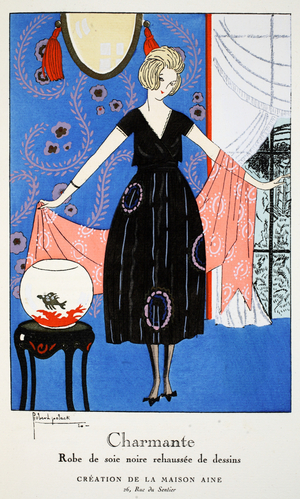 Charming - black silk dress embellished with designs - creation of Maison Aine, 1919-21 (pochoir print)