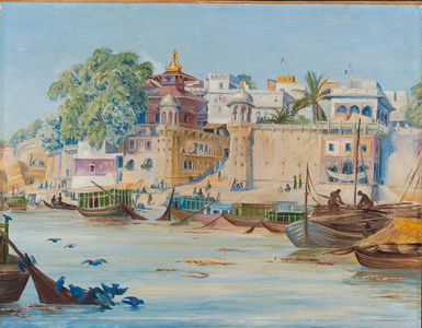 Nepalese temple and peepul tree, with blue pigeons bathing, Benares, India, 1878 (oil on board)