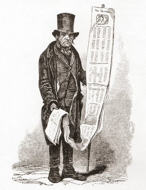 Illustration of a Long Song Seller, entitled Two Under Fifty for a Fardy.  From The Connoisseur Magazine, published 1902. A long song seller sold song sheets. These sheets were about one yard, 90cm long, with 3 columns of songs and advertised as 'three yards of songs for a penny',