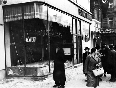 Germany: Jewish-owned shop destroyed during Kristallnacht, Berlin, November 1938. (b/w photo)