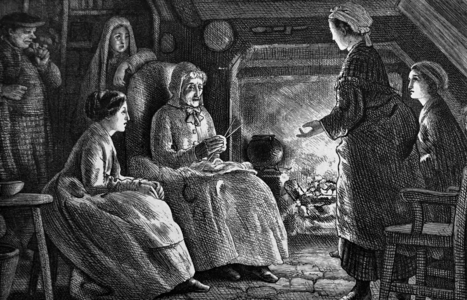 A group of women sat gossiping around a raging fire, 1850