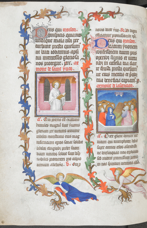 Yves (left) and the Ascension (right), with partial foliate borders carried by angels