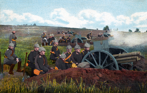 A number of German soldiers with spiked helmets on a maneuver area with field howitzers which is marked with red-and-white poles, Germany, 1914 (colour litho)