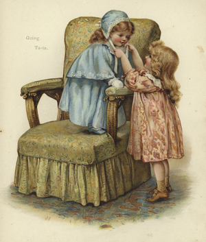 A young girl standing on the cushion of an armchair (colour litho)
