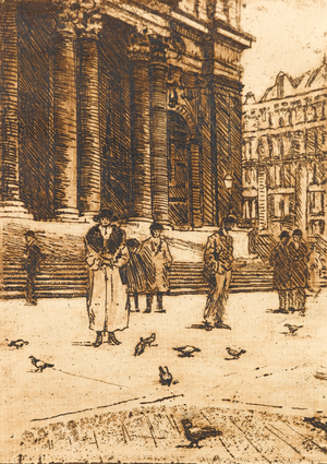 Feeding Pigeons outside St Paul's Cathedral (pen, ink & wash)