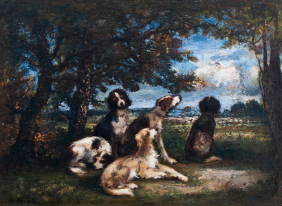 Dogs in the Fontainebleau forest (oil on board)