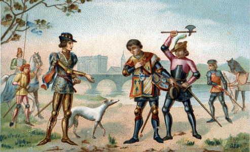 Assassination of Jean sans (1419) on the Montereau bridge, late 19th century (Chromolithography)