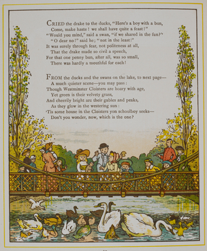 Feeding the ducks in st. Jame's park. Illustration from 'London town'.