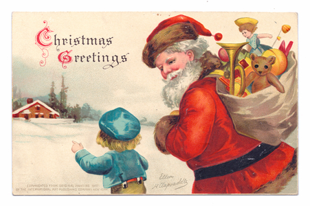 Edwardian Christmas postcard of Father Christmas with a sack of toys over his shoulder speaking to a child who's pointing at something, c.1910 (colour litho)