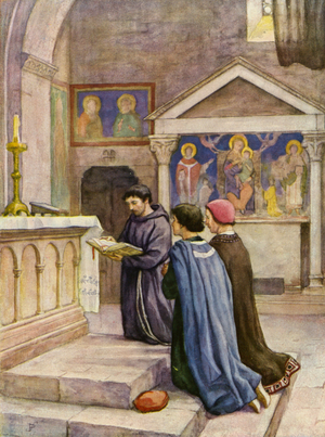 St Francis reading from the Gospels (colour litho)