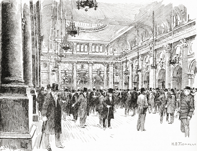 The Interior of the Royal Exchange, Manchester, England in the 19th century.