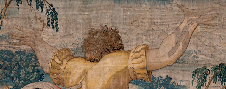 Flemish tapestry. Series The Labours of Hercules. Hercules and Antaeus (Hércules y Anteo). Fourth tapestry in the extant series. ; Model Unknown. Manufacture Willem Dermoyen, Brussels. Ca 1528. Fabric Silk and wool. Size 362 x 403 cm. Location Royal Palace of Madrid. Origin Collection of Philip II. On display Royal Armoury.