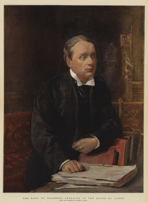 The Earl of Rosebery speaking in the House of Lords (chromolitho)