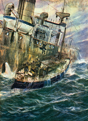A Motor Life-Boat taking Passengers off a Sinking Liner (colour litho)