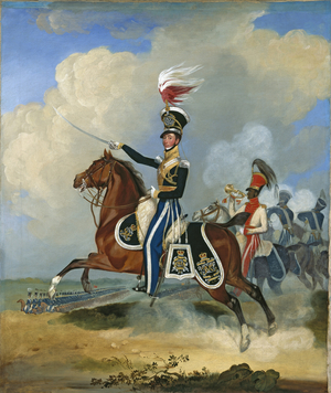 Major (Brevet Lt-Col) James John Hugonin, 4th Light Dragoons, with his black trumpeter, two troopers and the regiment beyond, c.1820 (oil on canvas)