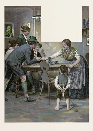 In the Pub. Man, Woman, Child, Boy, Beer Jug, Folk Dress, Hat, German Folk Dress, Food and Drink, Liszt Gourmet Archive, Drink, Drinking, Interior, 19th Century