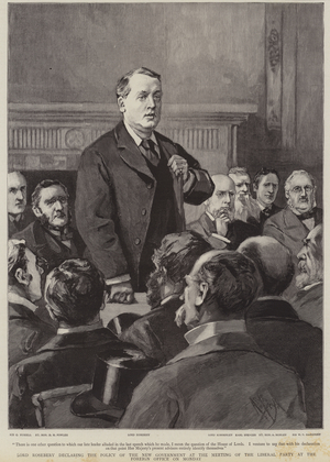 Lord Rosebery declaring the policy of the new government at the meeting of the Liberal Pary at the Foreign Office on Monday (engraving)