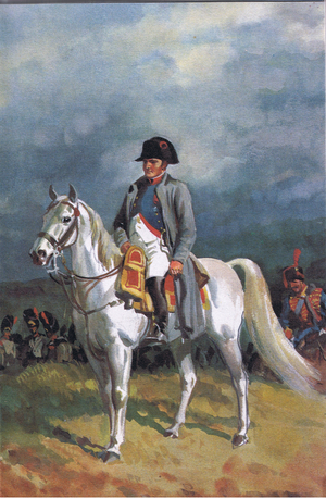 Napoleon Bonaparte on his white horse, illustration from The Story of Napoleon published by Wills and Hepworth Ltd, 1968 (colour litho)
