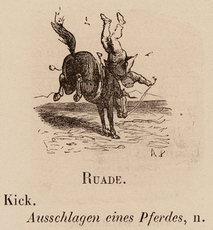 Le Vocabulaire Illustre: Ruade; Kick; Ausschlagen eines Pferdes (engraving)