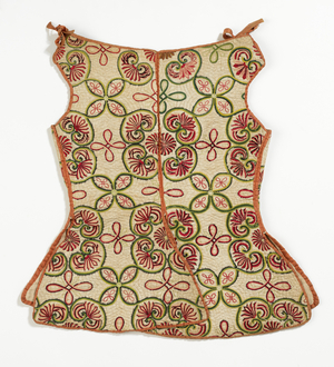 COSTUME: waistcoat: bodice: jumps, England (place of manufacture), c. 1730-1740 (linen, silk, wool, hand-stitched)