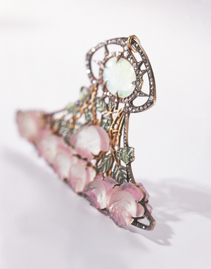 An exquisite Art Nouveau 'rose' plaque, c. 1901 (opal, glass, diamond & enamel mounted in gold)
