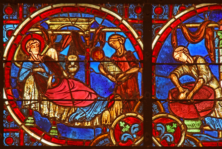 Window w2 depicting the Nativity with midwives (stained glass)