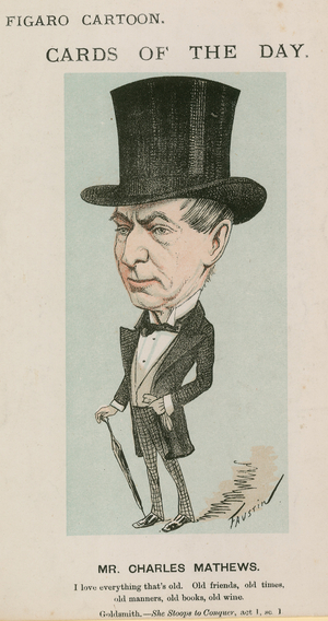 Mr Charles Mathews, cartoon (colour litho)