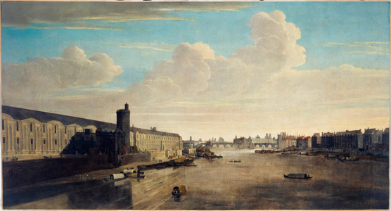 The Grande Galerie du Louvre, with the Porte Neuve, Pont-Neuf, Cité, Tour de Nesle and Quai Malaquais, circa 1640, present-day 1st and 6th arrondissements, between 1635 and 1645 (oil on canvas)