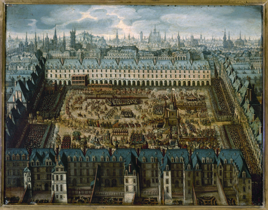 The "Roman des chevaliers de la gloire", a grand carrousel held at Place Royale (now Place des Vosges) from April 5 to 7, 1612, to celebrate the marriage of Louis XIII to Anne of Austria, present-day 4th arrondissement, between 1607 and 1617 (oil on wood)