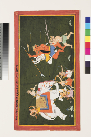 Indra battles the demon Vritrasura, 1680-1700 (opaque w/c, ink & gold on paper)