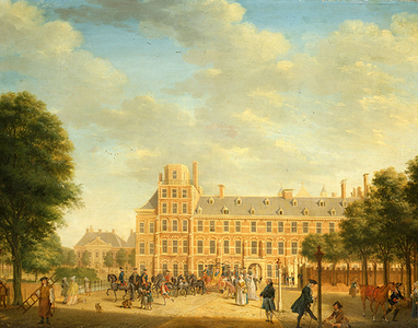 View of the Hague with Prince William V leaving the Mauritshuis (oil on panel)