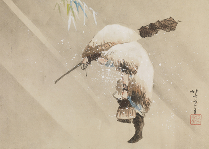 Fisherman Carrying His Net in the Snow, c. 1821 (ink, colour, and gofun on paper)