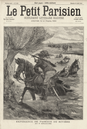 French soldiers of the 7th Dragoons swimming across a river with their horses (engraving)