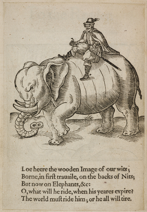 Man riding an elephant, illustration from 'Thomas Coriate Traueller for the English Wits', 1616 (litho)