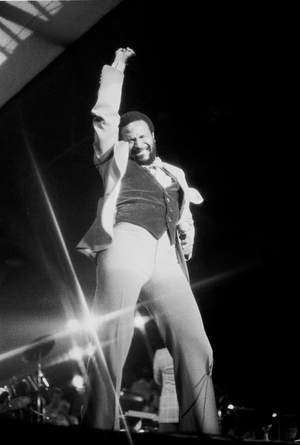 Marvin Gaye performing at the Bingley Hall, Birmingham, England in 1976 (b/w photo)