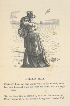 Illustration for 'Locksley Hall'. A couple embracing, by the seaside. Text.
