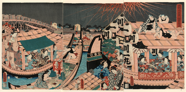 Toto Ryogokubashi Kawabiraki Han'Ei Zu, Flourishing Fireworks at Ryokoku Bridge Kawabiraki (Opening the River Ceremony) in the Eastern Capital. 1858., 1 Print (3 Sheets) : Woodcut, Color ; 35.5 X 24.5  (Left Panel), 35.4 X 24.7  (Center Panel), 35.5 X 24.4  (Right Panel), Print Shows Boats Crowding the River in Edo During Fireworks Display for the Opening of the River Celebration.