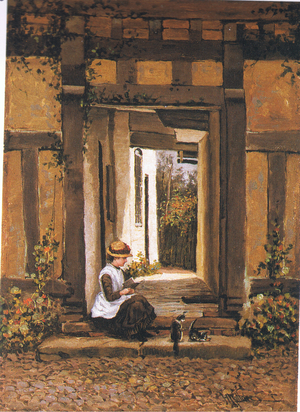 On the steps, from from magazine or book source unknown (colour litho)