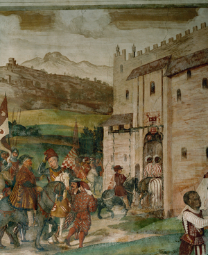 Return of Bartolomeo Colleoni and King Christian to Malpaga after the hunting party (fresco)