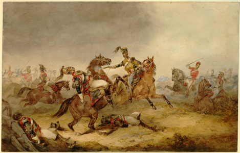 Heavy Cavalry at the Battle of Waterloo, 18th June 1815, 1870 (w/c on paper)