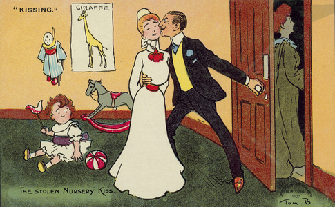Man kissing his children's nanny (colour litho)