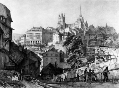 View of Lausanne (Switzerland) with cathedral, engraving, c. 1838