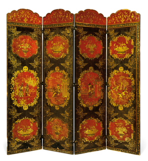 Indo-Portuguese black, guild and red-japanned four-fold screen, c.1700  (gilt, varnish, wood)